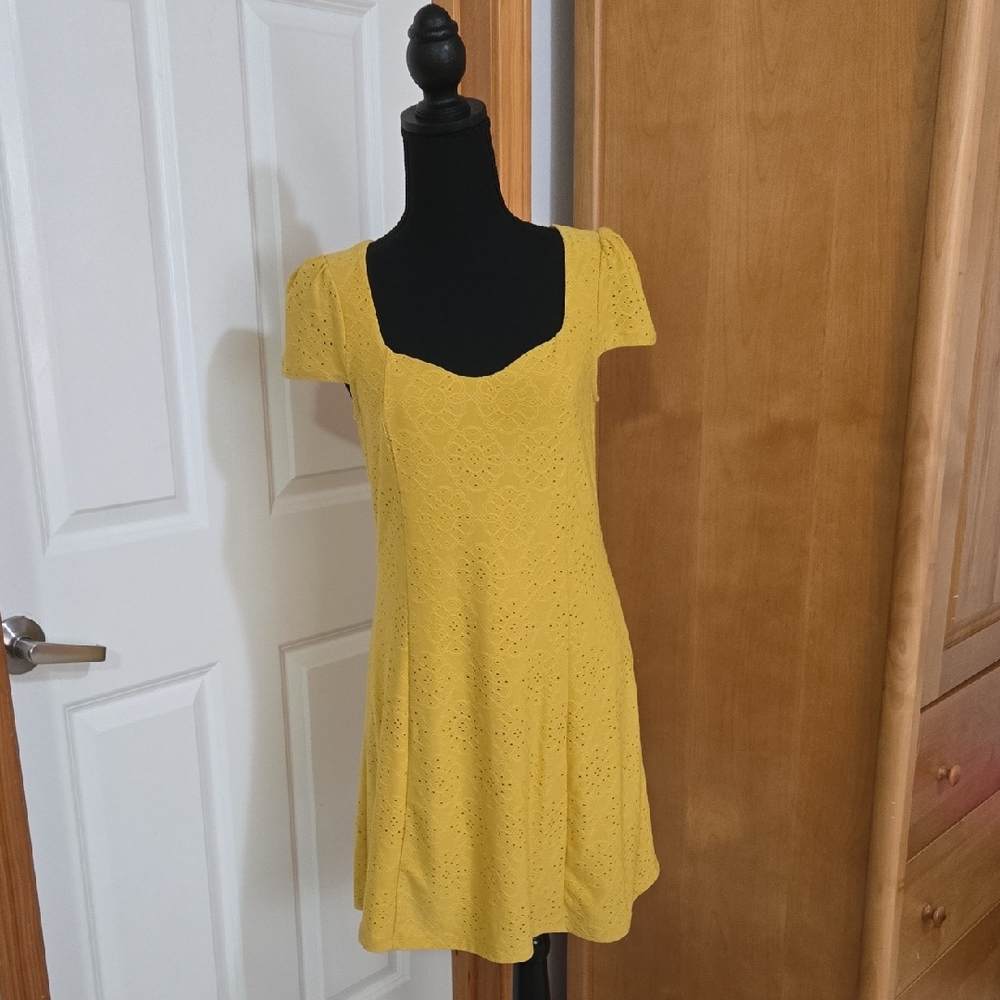 Something New Yellow Eyelet Square Neck Mini Dress